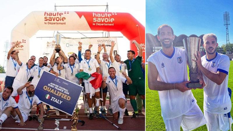 
	A sinistra la festa della Nazionale dopo il successo in Nations League, a destra Paolo e David

