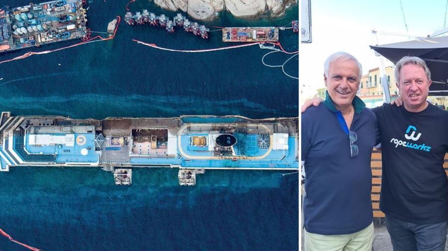 A sinistra la Concordia raddrizzata (foto Sestini) e a destra Sloane e Ortelli nel 2023 al Giglio