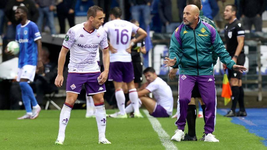 
	Il tecnico della Fiorentina, Vincenzo Italiano, fornisce indicazioni ai suoi giocatori a bordo campo nella sfida col Genk

