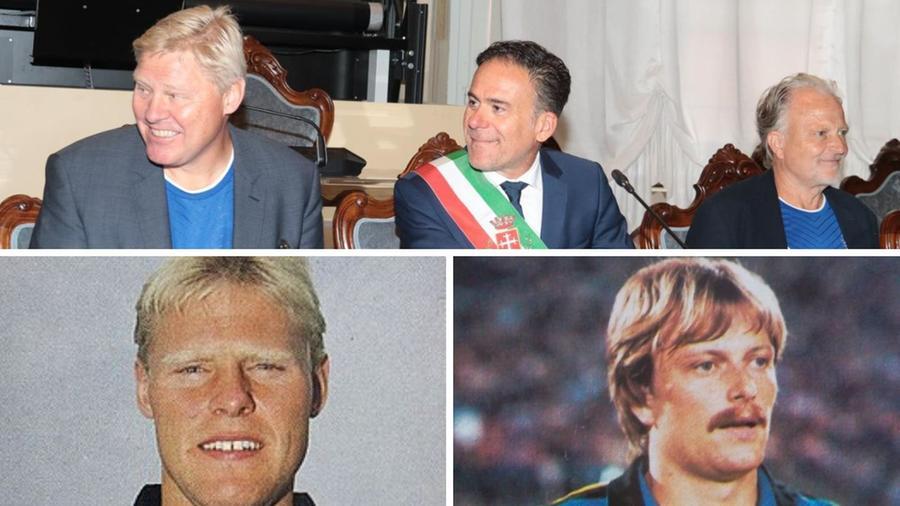 Nella foto sopra il sindaco di Pisa, Michele Conti, insieme ai due danesi nella cerimonia di conferimento della cittadinanza onoraria; sotto due foto d'epoca di Berggreen e Larsen 