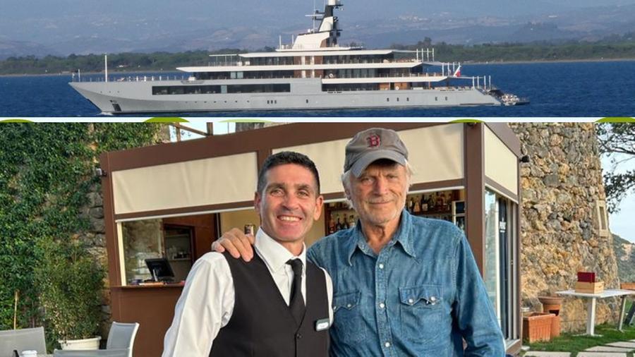 In alto lo yacht di spielberg immortalato da Enzo Russo; sotto Terence Hill
