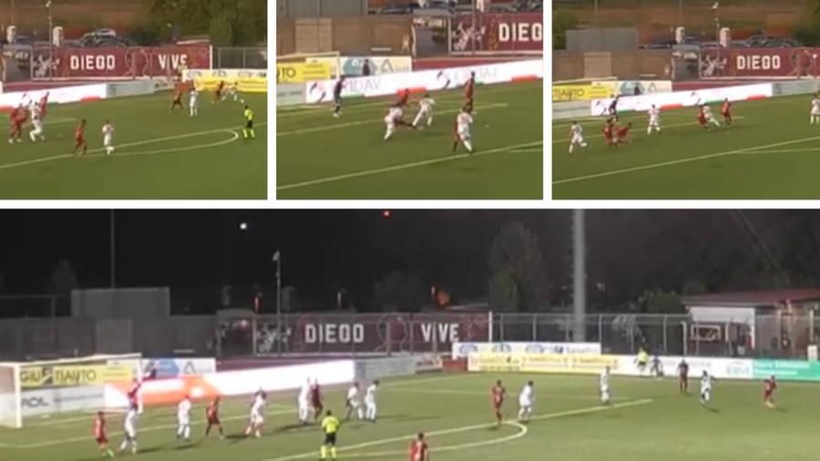 In alto la spinta di Carpani su Ignacchiti; Sotto il gol annullato a Nicastro, il secondo calciatore da sinistra in maglia granata