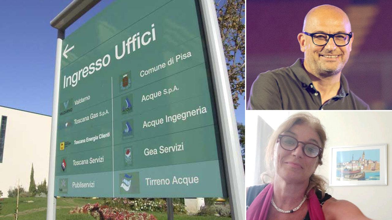 Nella foto grande l’ingresso della sede di Acque Spa a Ospedaletto: In alto a destra Simone Millozzi e sotto Laura Meoli
