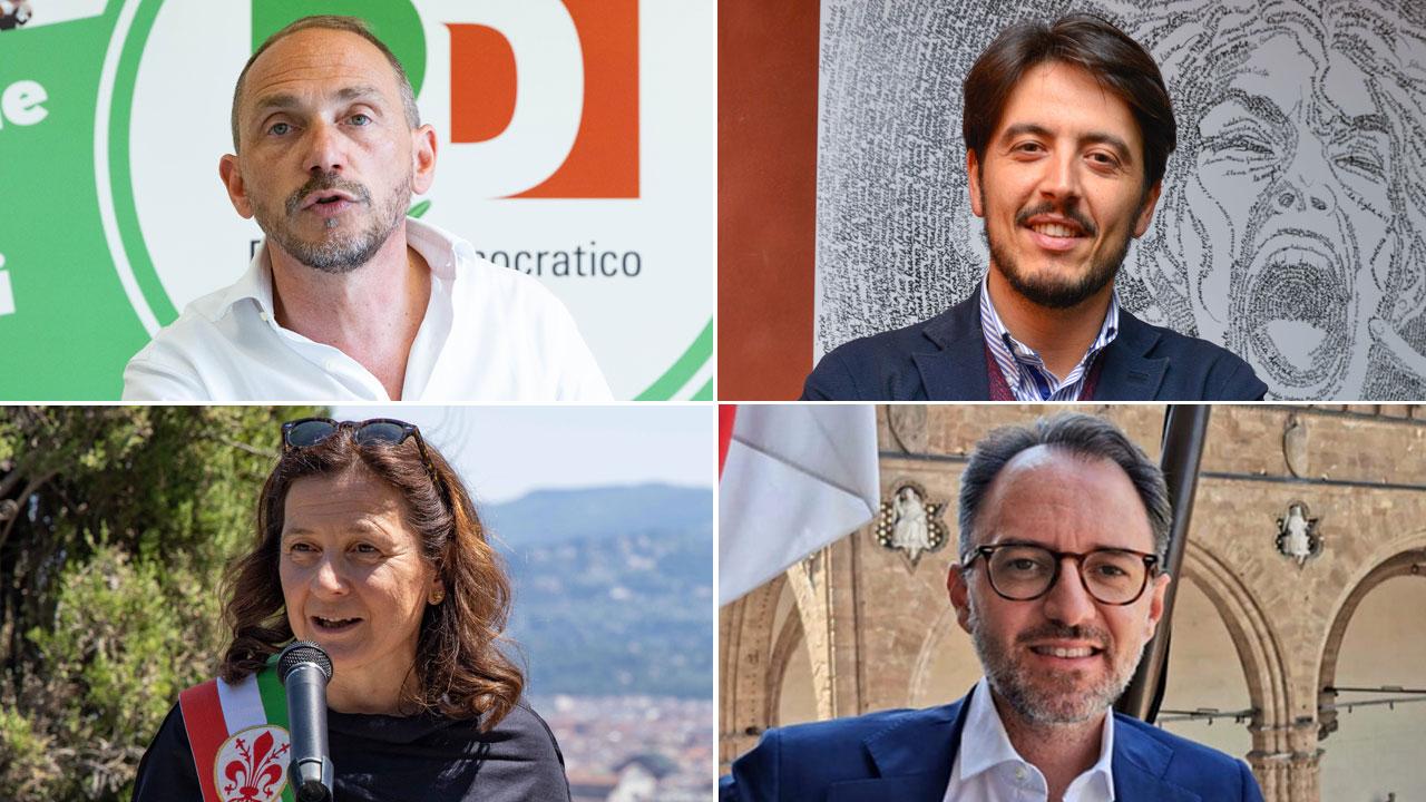 Nelle foto in alto a sinistra il segretario regionale del Pd toscano Emiliano Fossi, a destra Andrea Giorgio. In basso, Cristina Giachi e Federico Gianassi