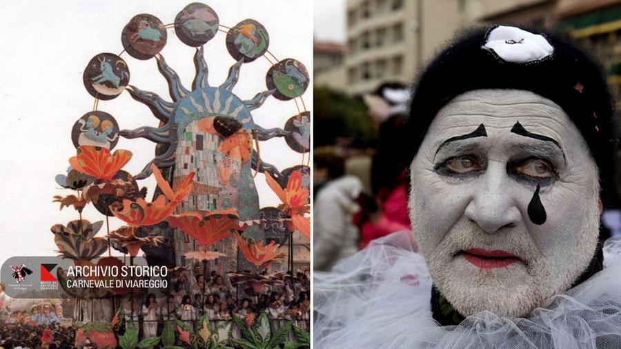 Giovanni Maggini fotografato da Roberto Paglianti; a sinistra il carro “Amore mio” (terzo nel 1987) dall’Archivio storico del Carnevale