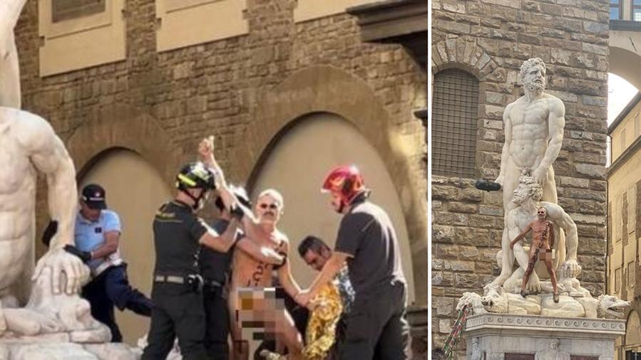Firenze, si arrampica nudo sulla statua in piazza della Signoria e la danneggia: arrestato. I precedenti dell’imbrattatore – Video