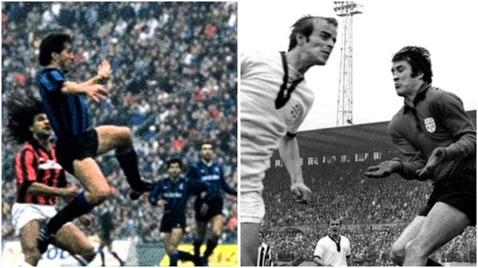 L’autorete di Riccardo Ferri che fece vincere al Milan il derby nel dicembre del 1987 a destra l’inzuccata nella porta sbagliata di Niccolai del Cagliari nel 1970 contro la Juve