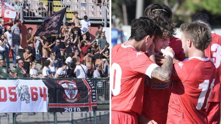 A sinistra la curva del Grosseto, a destra la gioia del match winner Macchi abbracciato dai compagni (Foto Agenzia Bf)