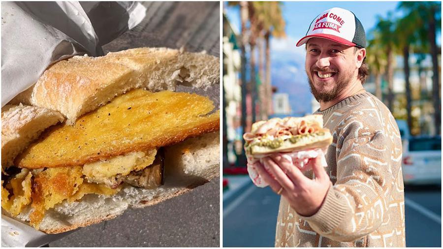 
	Un&rsquo;appetitosa immagine del &ldquo;5e5&rdquo;, la torta e il pan francese tipici di Livorno e&nbsp;Tommaso Mazzanti de &ldquo;L&rsquo;Antico Vinaio&rdquo; di Firenze

