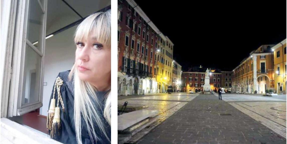 L’avvocata Cristina Lattanzi e, a destra, piazza Aberica di notte