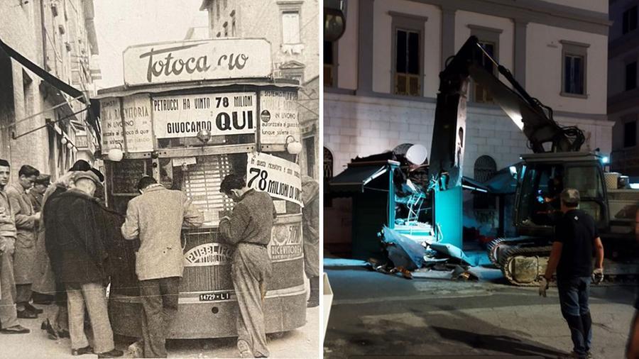 Il chiosco quando era ancora dall’altra parte di piazza Cavour. Accanto la ruspa che nei giorni scorsi ha abbattuto il chiosco