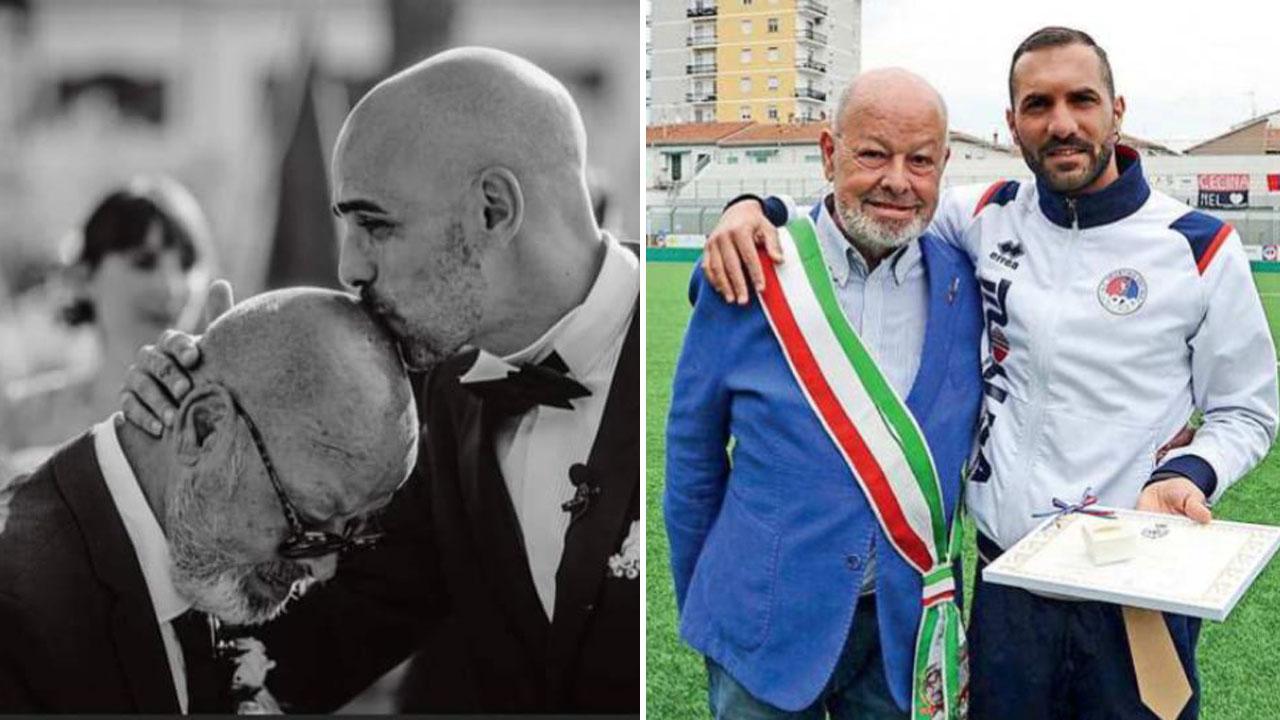 Mauro Niccolini con il figlio Matteo e, a destra, mentre consegna l’Omino di Ferro all’ex giocatore del Cecina calcio Mirko Bigazzi nel maggio 2022 (foto Michele Falorni/Silvi)