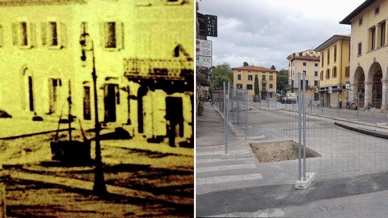 L’antico pozzo venuto alla luce si trovava all’altezza della statua del Giusti (foto storica a sinistra); a destra il cantiere