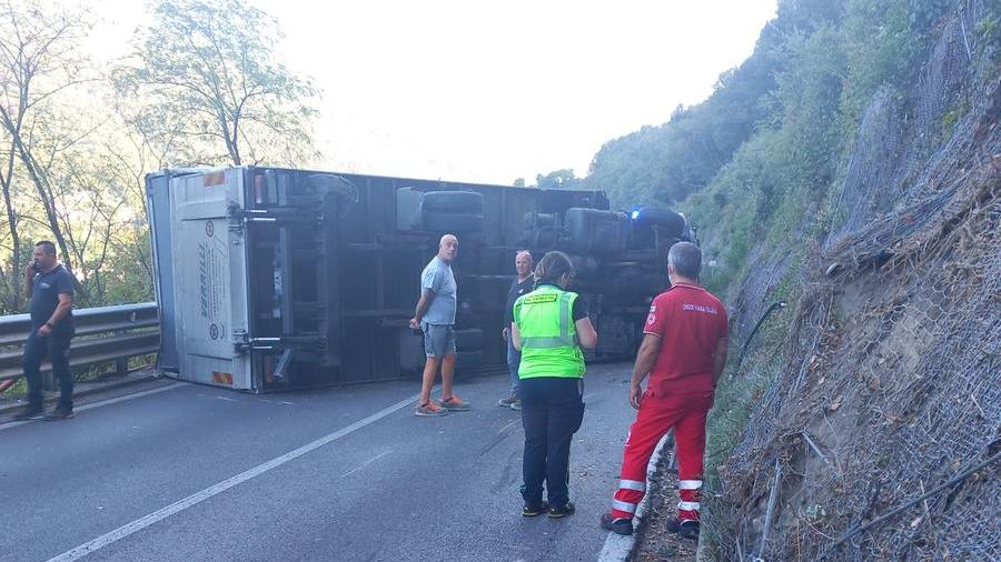 Il camion ribaltato sulla regionale 325