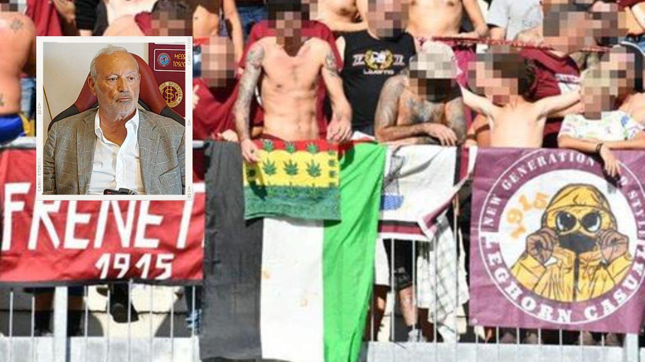 Gli ultras del Livorno con la bandiera della Palestina e nel riquadro Vittorio Mosseri