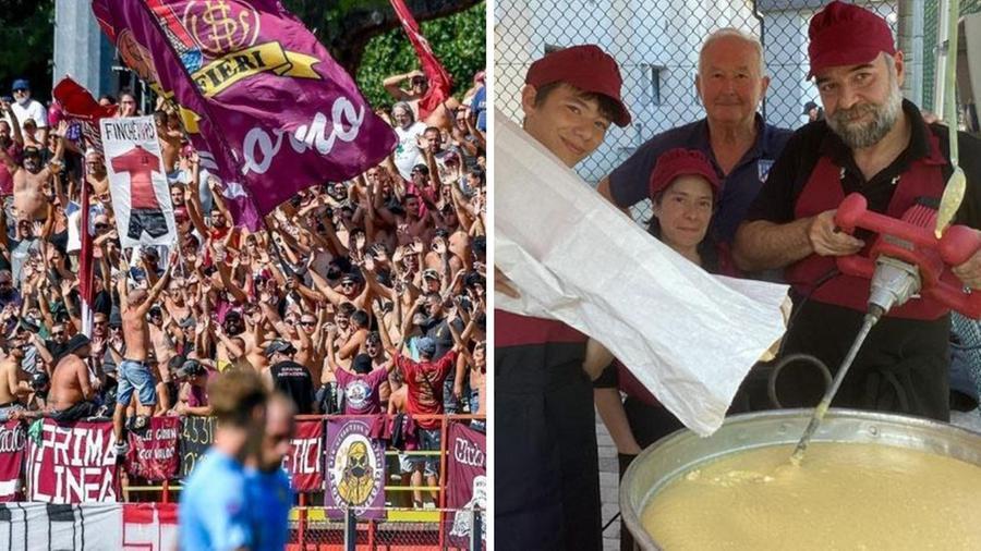 
	A sinistra i tifosi del Livorno nel match in casa del Ghiviborgo; a destra i volontari del club lucchese che preparano la polenta

