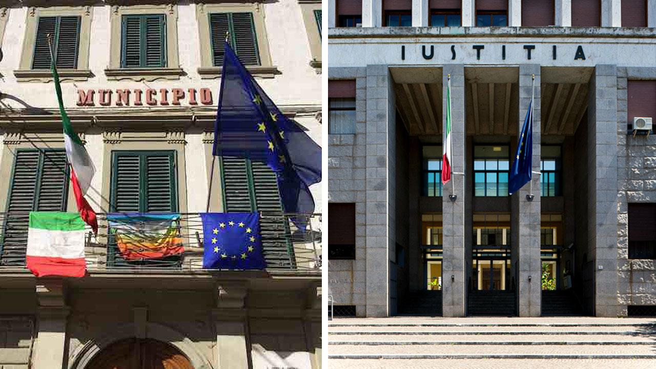 Da sinistra il palazzo del Comune di Pontedera e quello del tribunale a Pisa