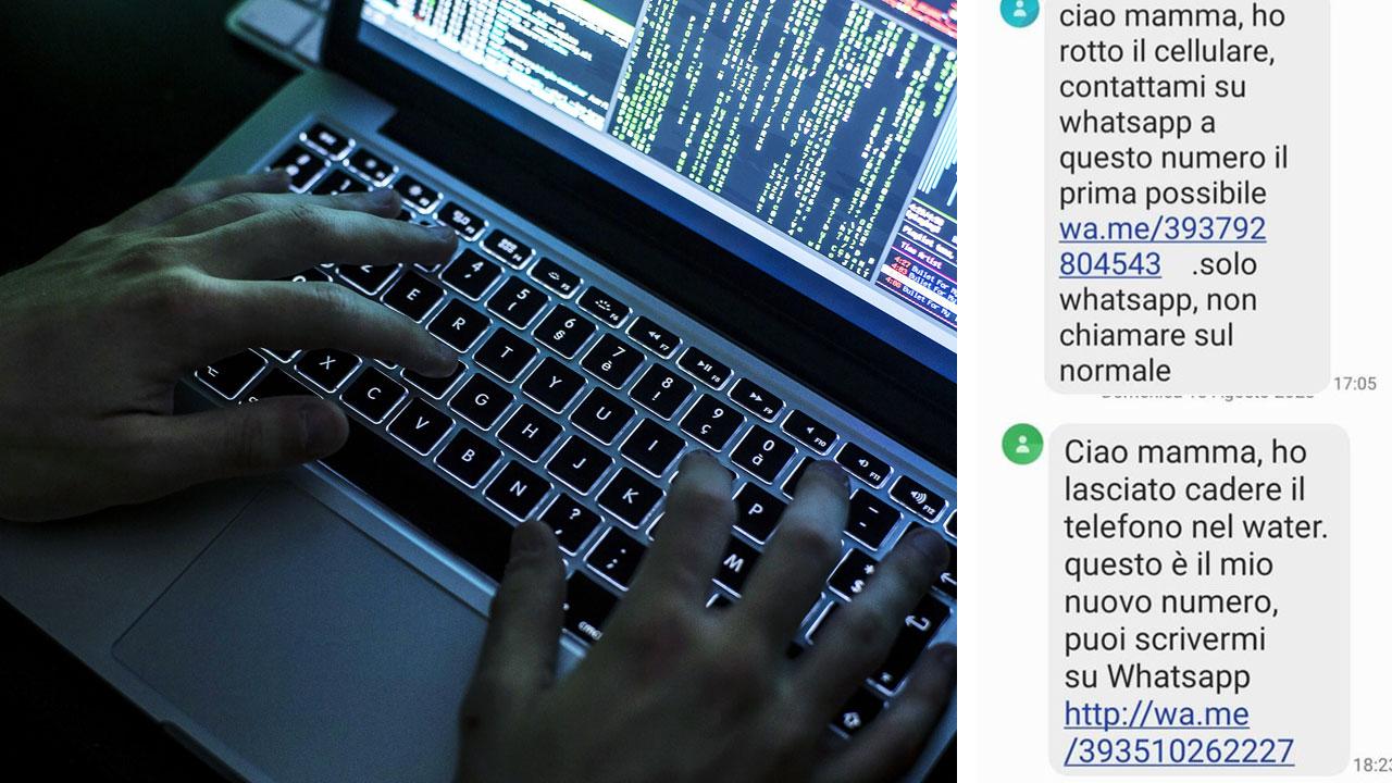A sinistra un pc (foto di repertorio)e a destra due messaggi truffaldini arrivati a una professionista roccastradina