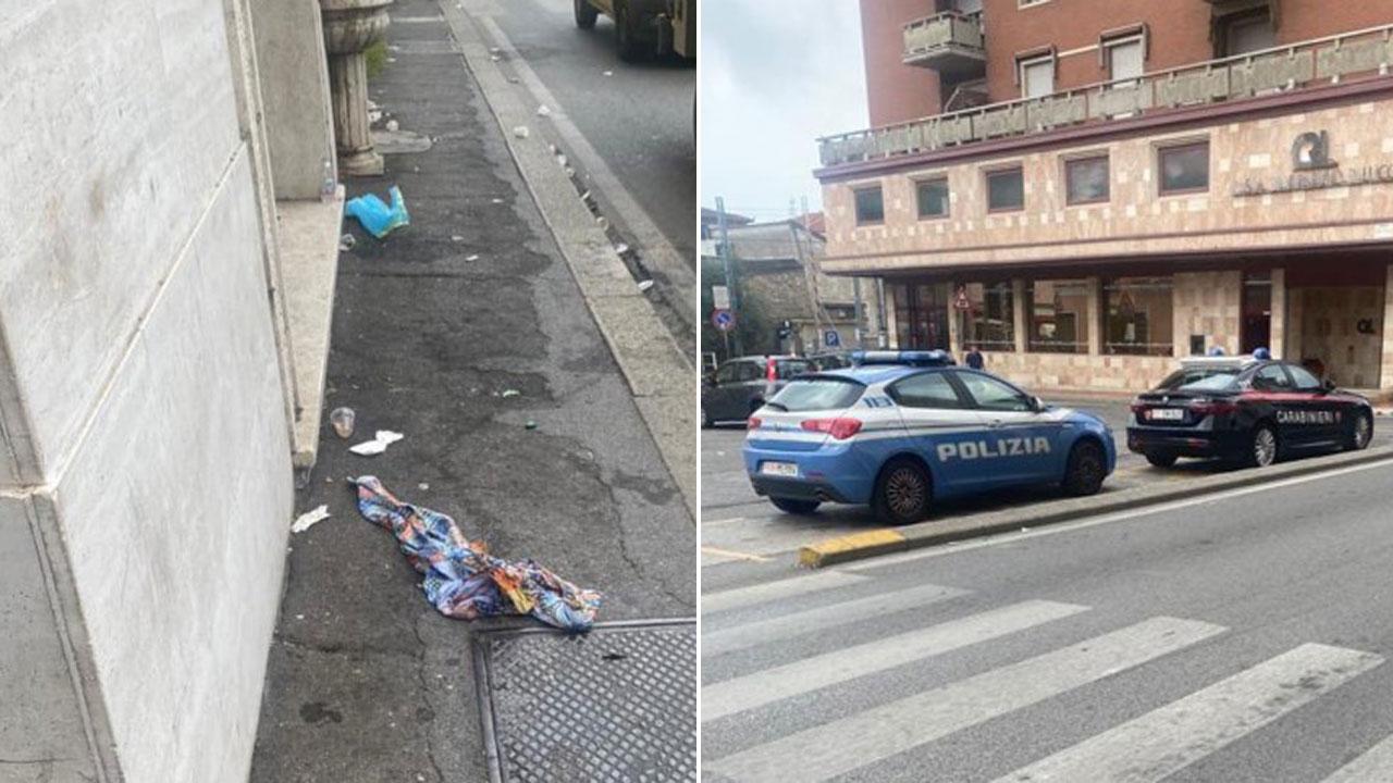 Le forze dell’ordine alla stazione e la maglietta del ferito lasciata sul marciapiede