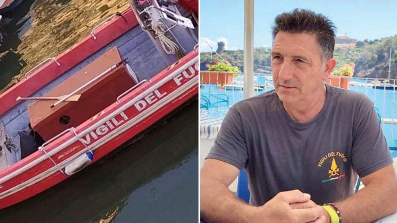 A destra Guido Michelucci. A sinistra una barca dei pompieri in un fosso