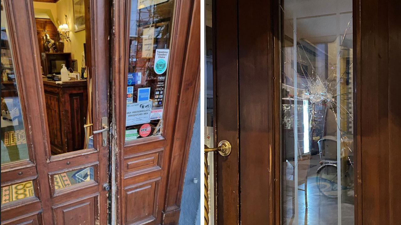 Alcune delle spaccate subite dalla pasticceria Sieni nei giorni scorsi