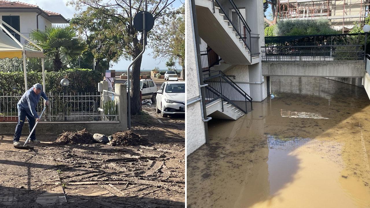 A sinistra vigili del fuoco e operai al lavoro in via Pantelleria e a destra  un palazzo in via Pantelleria invaso da acqua e fango
(foto Giorgio)