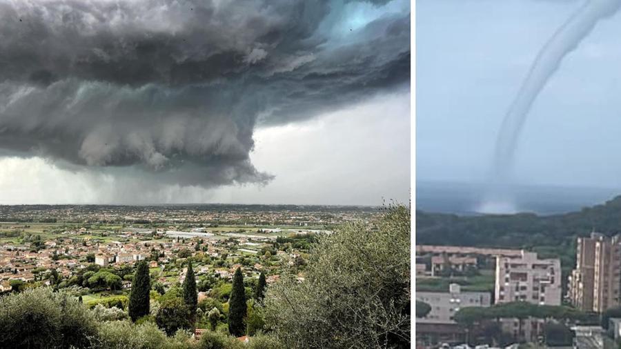 A sinistra la supercella in Versilia (foto Fabio Longaron), a destra la tromba marina a Piombino (foto Rete Meteo Amatori)