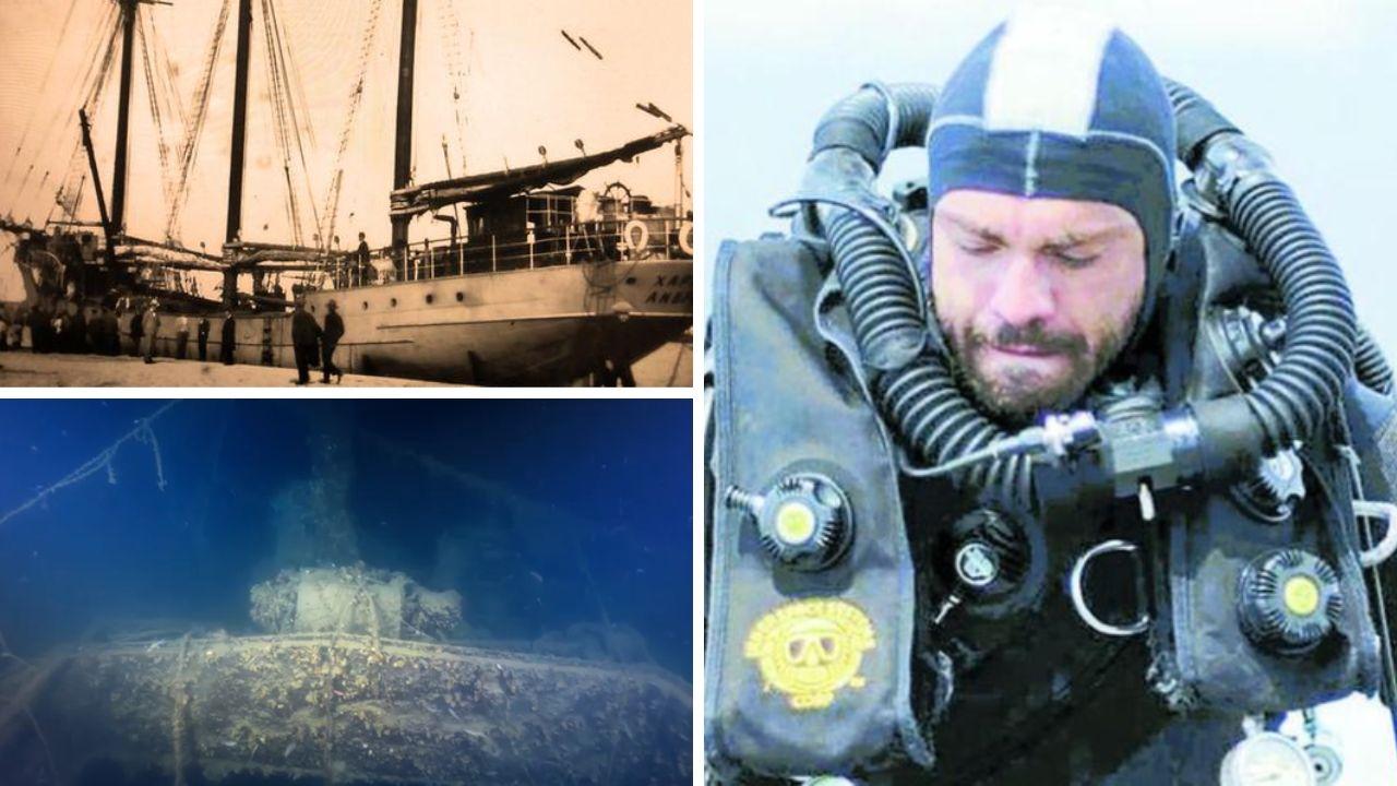 In alto a sinistra il veliero, sotto i resti filmati a 192 metri di profondità; a destra Andrea prima dell'immersione