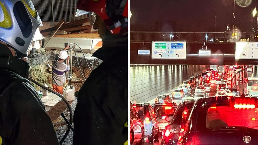 
	A sinistra i lavori per la riparazione del tubo rotto; a destra il centro della citt&agrave; paralizzato

