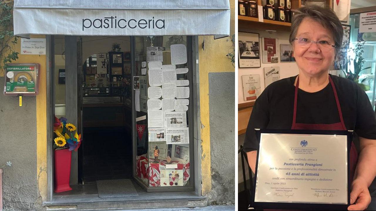 L’ingresso della storica pasticceria e accanto la titolare Daniela Salvini