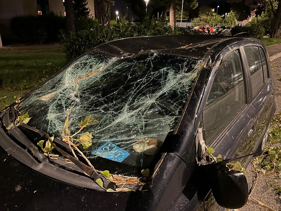
	L'auto colpita dall'albero in via Guadalajara (foto Franco Silvi)

