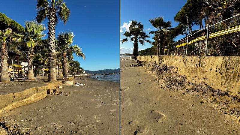 Mare forte, spiaggia dimezzata: a Pratoranieri strappati via 18 metri di sabbia – Video