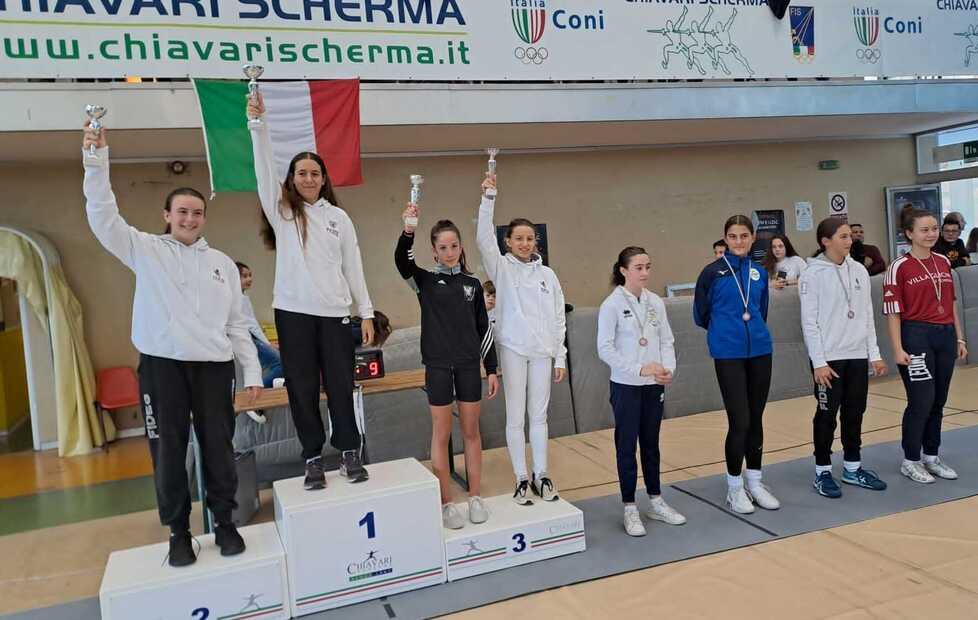 Podio sciabola Allieve: Anna Torre (1) Giulia Saracaj (2); Diletta Farneti (3) Aurelia Personi (7)