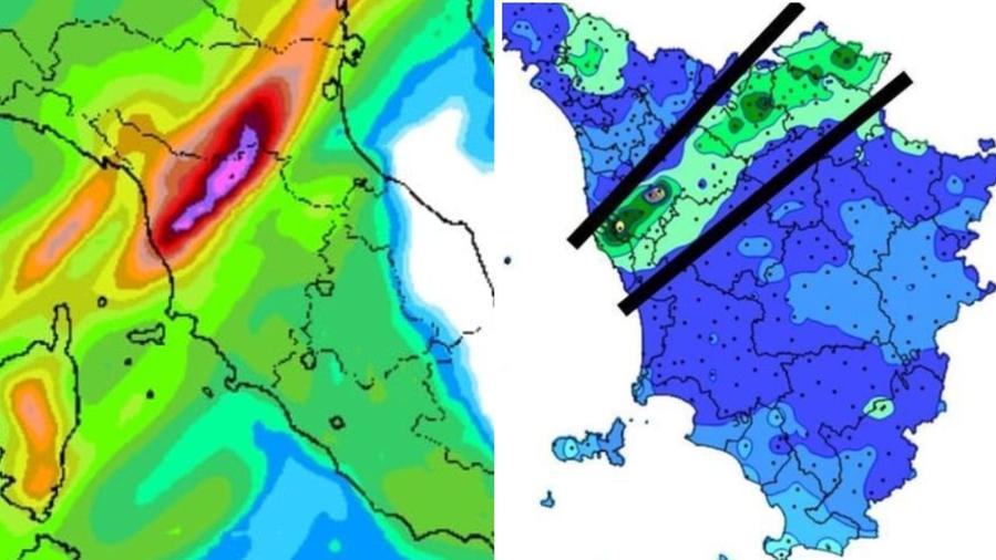 A sinistra la previsione del 30 ottobre, a destra la mappa delle piogge dopo il disastro