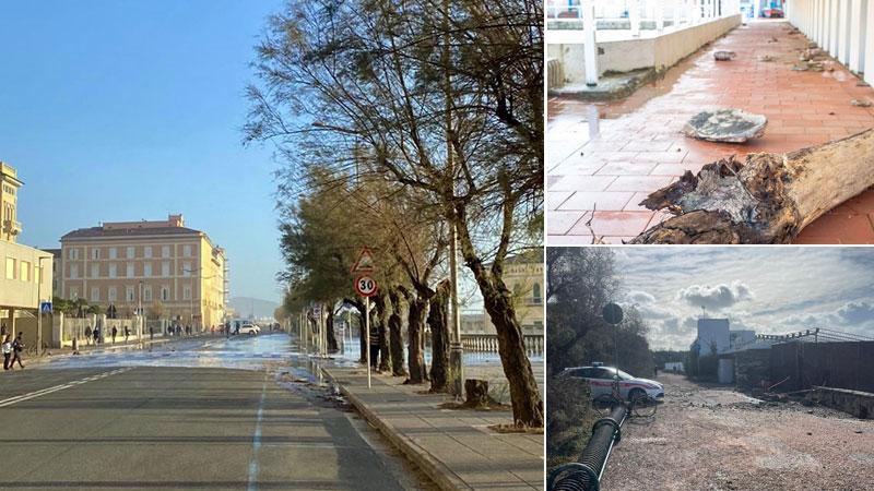 Tre immagini del lungomare ancora colpito dal forte libeccio (foto Silvi)