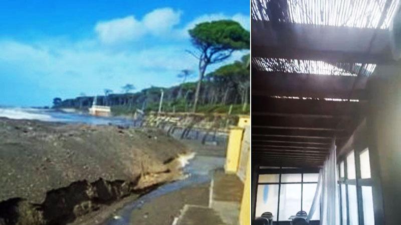La montagna di sabbia che si è formata sulla spiaggia, la tettoia del ristorante scoperchiata (foto Falorni)