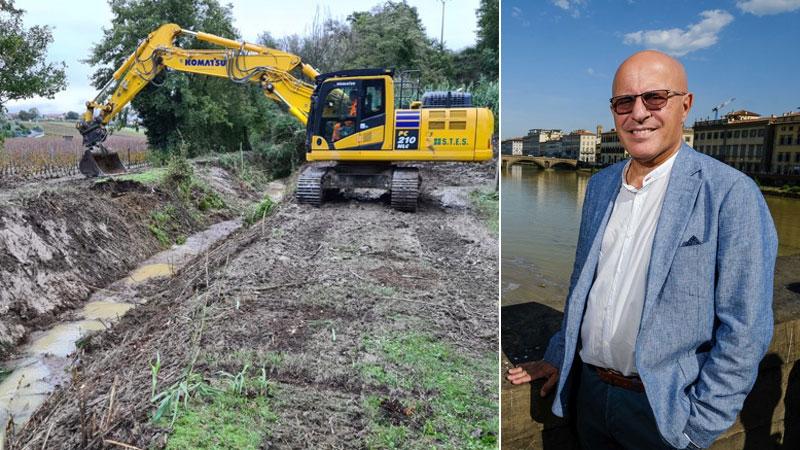 Un mezzo impiegato nei lavori di rifacimento degli argini, accanto il presidente di Anbi Toscana e del Consorzio di bonifica 3 Medio Valdarno Marco Bottino
