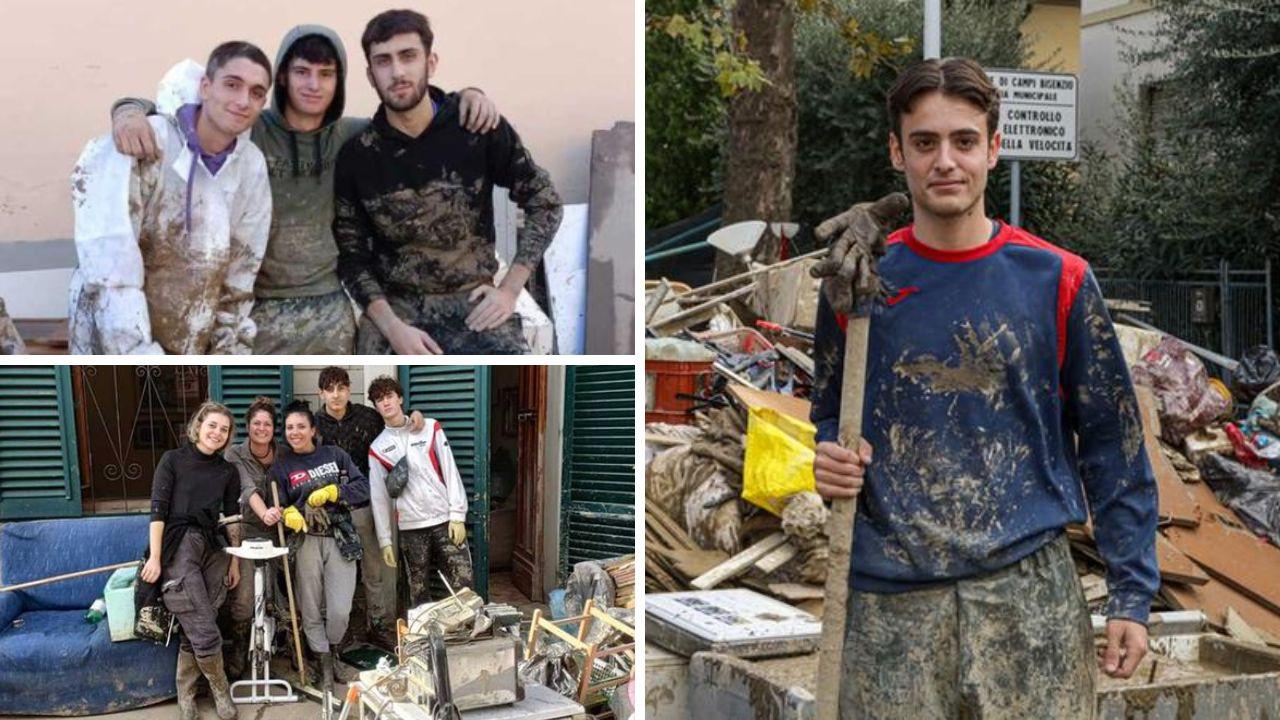 Alcuni dei ragazzi che hanno spalato fango a Campi Bisenzio dopo l'alluvione