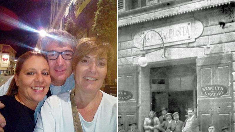 Paolo Pinori, la moglie Anna e la commessa Claudia Mannari. Accanto una foto d’epoca