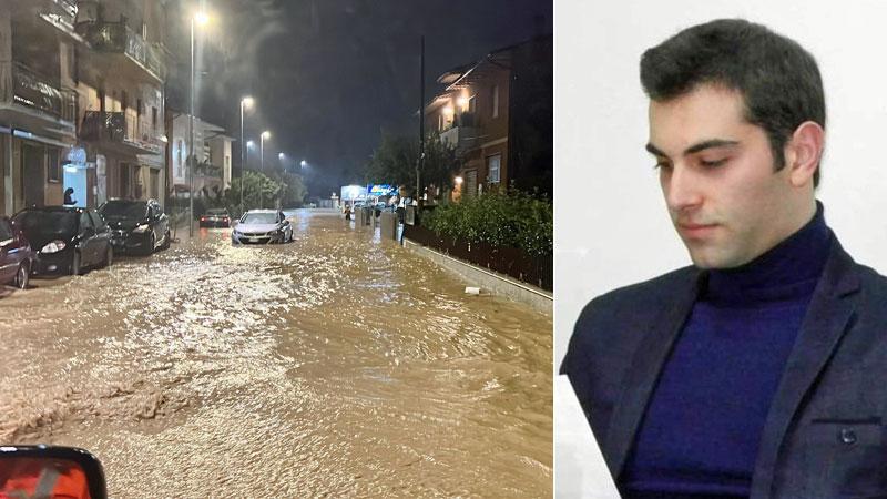 Una strada allagata a Quarrata la sera dello scorso giovedì e Daniel Gialdini (foto Nucci)