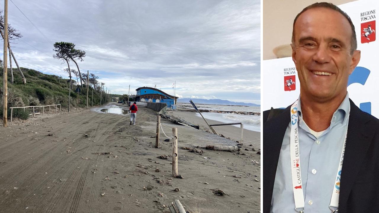 Gli effetti della mareggiata sulla spiaggia delle Gorette e a destra Alberto Nencetti, vicepresidente regionale dei balneari della Confcommercio