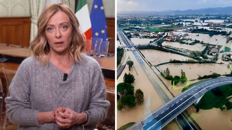 
	A sinistra Giorgia Meloni, a destra una foto dell'alluvione in Toscana

