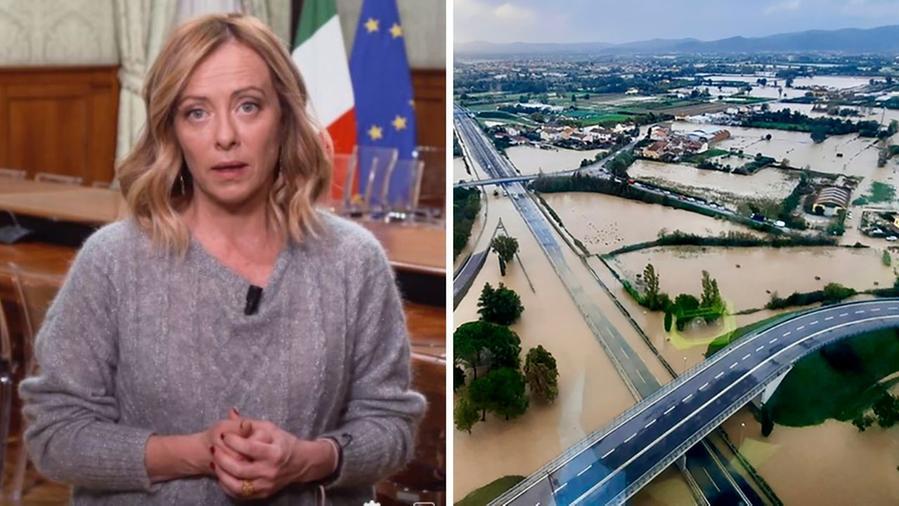 A sinistra Giorgia Meloni, a destra una foto dell'alluvione in Toscana