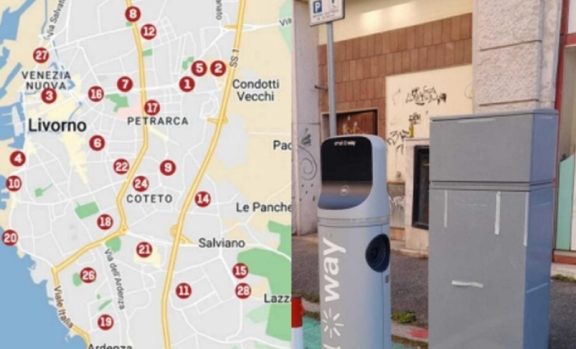 A sinistra la mappa con alcune delle nuove colonnine, a destra l'impianto di Enel X Way non funzionante in piazza del Municipio