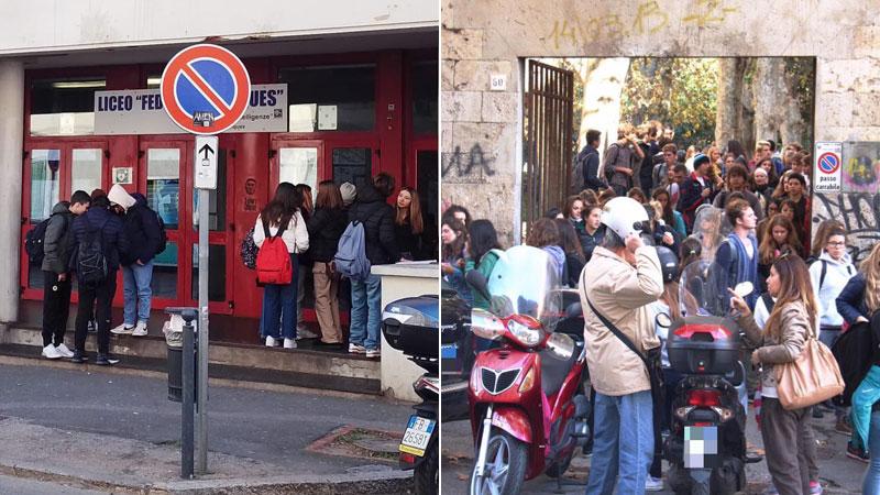 L’ingresso principale del liceo Enriques di via della Bassata; accanto l’entrata nel cortile da via Galilei del liceo Cecioni (foto di archivio)