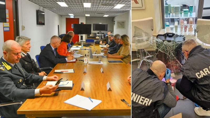 Nella foto grande il comitato riunitosi ieri in prefettura. Accanto, rilievi dei carabinieri dopo il furto a “Carlo Bay”