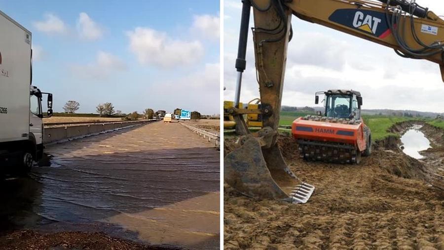 
	La Fi-Pi-Li invasa da acqua e fango e, a destra, l'intervento di messa in sicurezza

