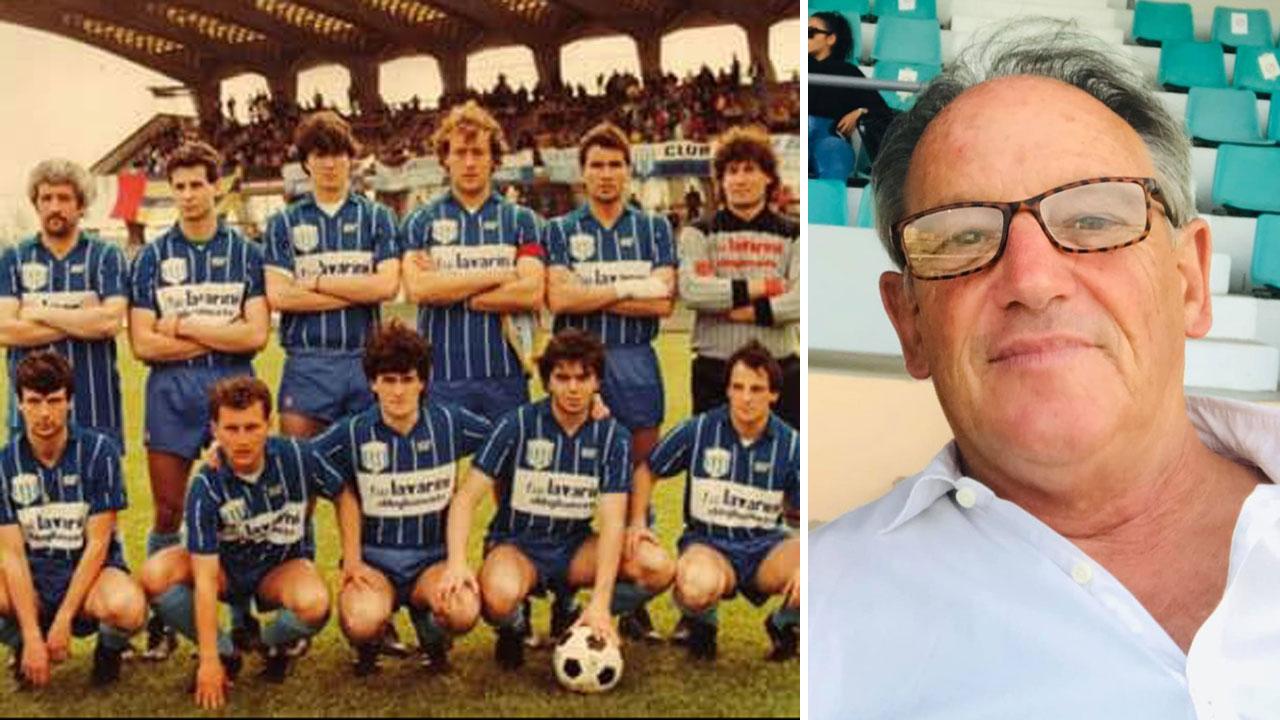 Sergio Buralli il primo a destra accosciato con la maglia del suo Montecatini e a destra in una recente foto