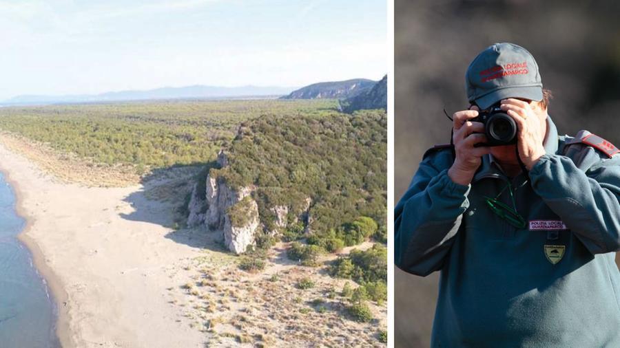 Una veduta aerea del Parco regionale della Maremma e una guardia intenta nei controlli