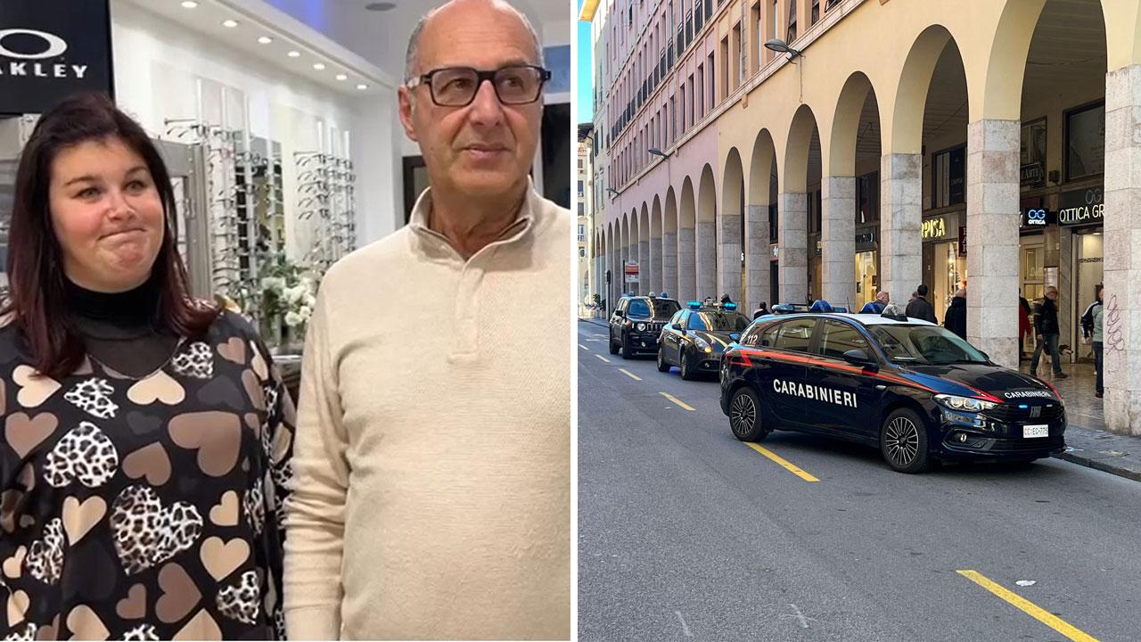 Martina e Mario Lo Monaco. A destra i militari davanti all’Ottica Grande